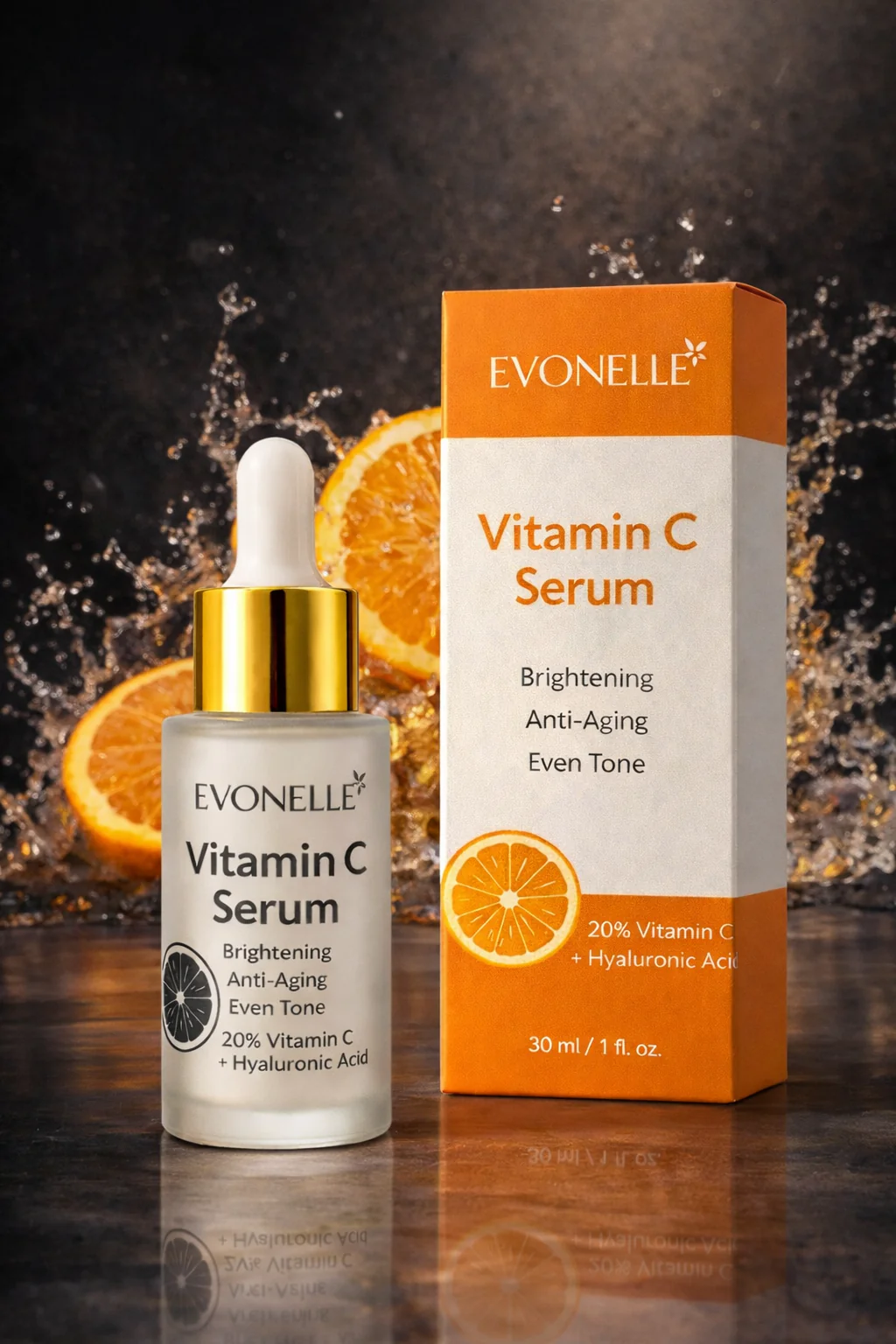 Evonelle Vitamin C Serum 20% + Hyaluronic Acid – Brightening & Anti-Aging Formula – 30ml