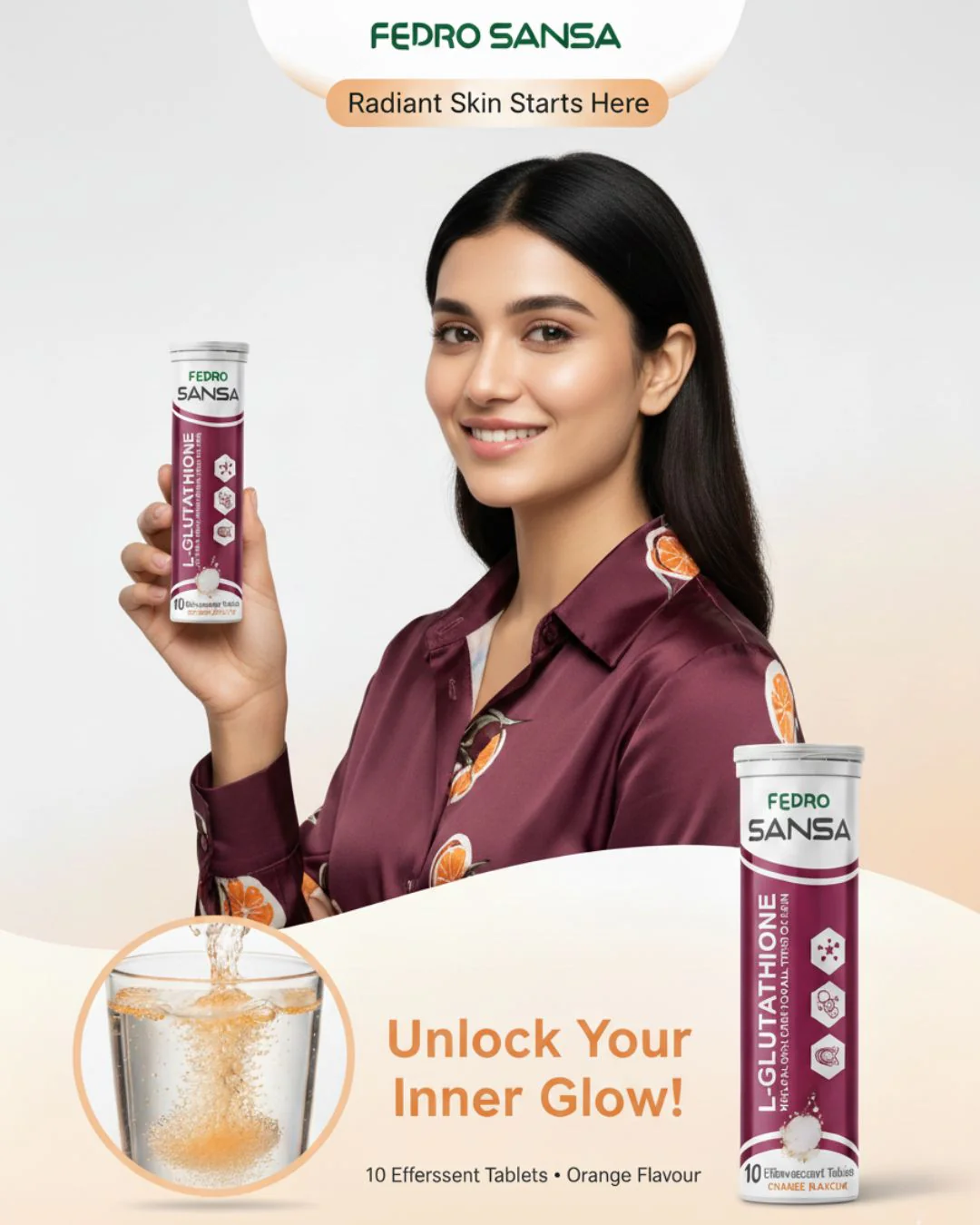 SANSA L-Glutathione Effervescent Tablets – Skin Whitening, Brightening & Daily Glow Drink (Orange Flavour) - Image 7